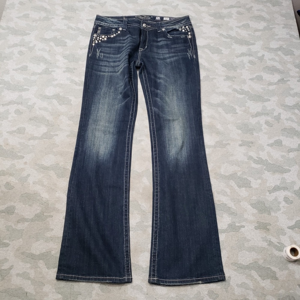 Miss Me Jeans Womens 32 Blue Boot Embellished Whiskered Denim Dark Wash